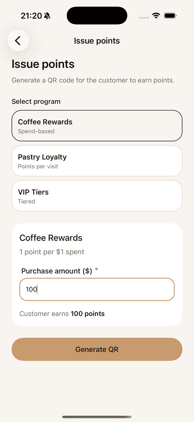 InvitePass issue points screen showing program picker, purchase amount, and Generate QR button