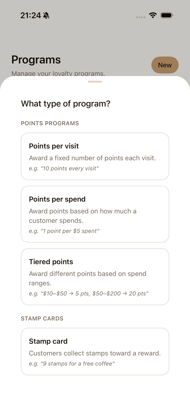 InvitePass program type picker showing points per visit, points per spend, tiered points, and stamp card options