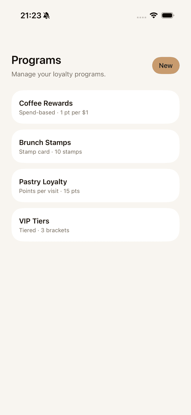 InvitePass programs list showing Coffee Rewards, Brunch Stamps, Pastry Loyalty, and VIP Tiers running side by side
