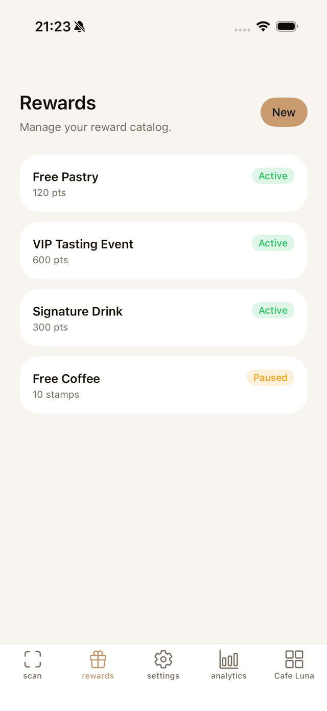 InvitePass reward catalog showing Free Pastry, VIP Tasting, Signature Drink, and Free Coffee with active and paused status
