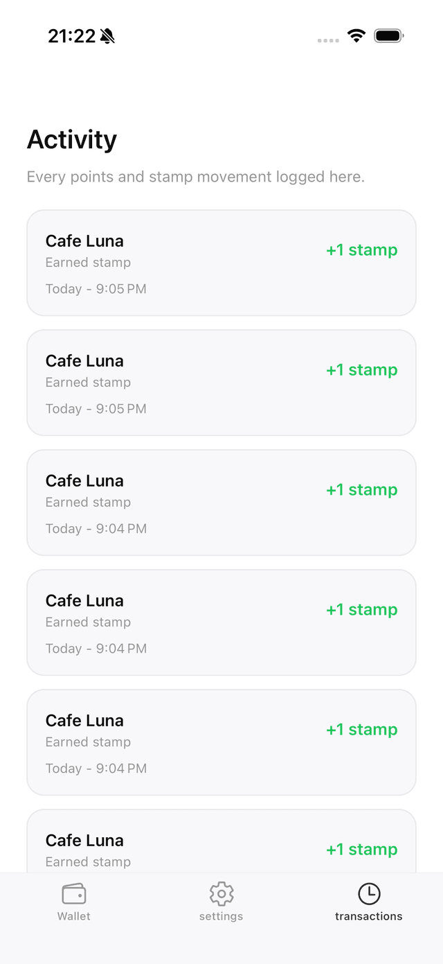 InvitePass activity feed showing stamp history from Cafe Luna