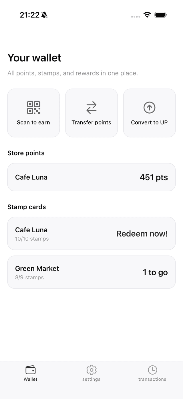 InvitePass wallet showing 451 points balance, redeem button, and stamp cards